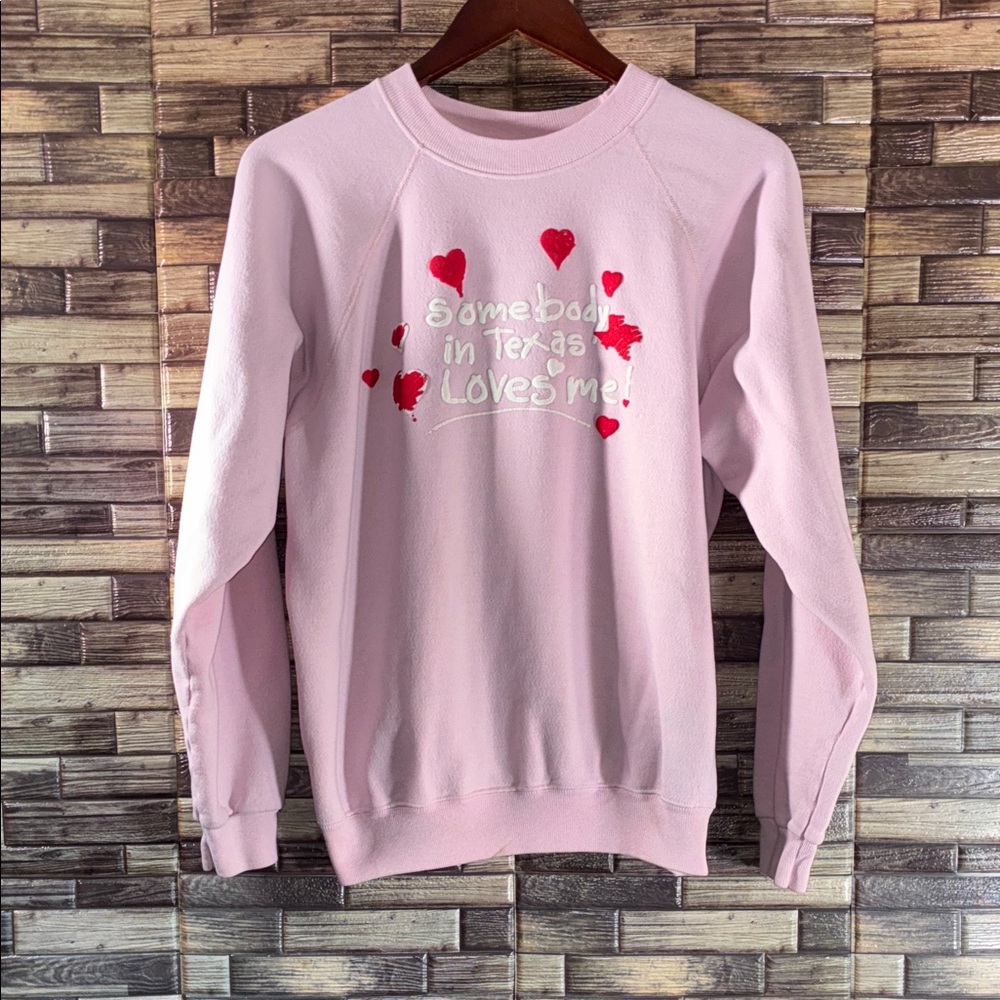 Used Pink Heart Print Women's Sweater Medium Somebody in Tx Loves Me